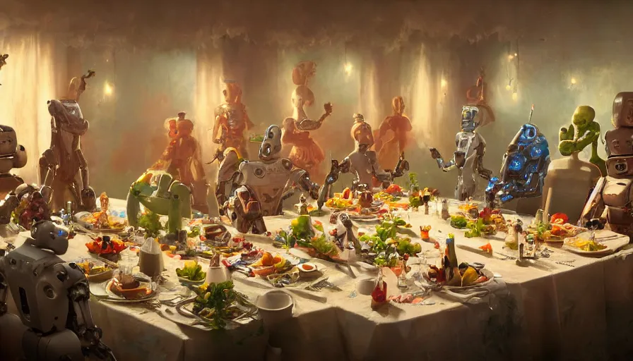 Image similar to a table dinner of robots where robots are dressed like the characters from the midsommar movie, cinematic, hyperdetailed, octane render, trending on art station, ultrarealistic