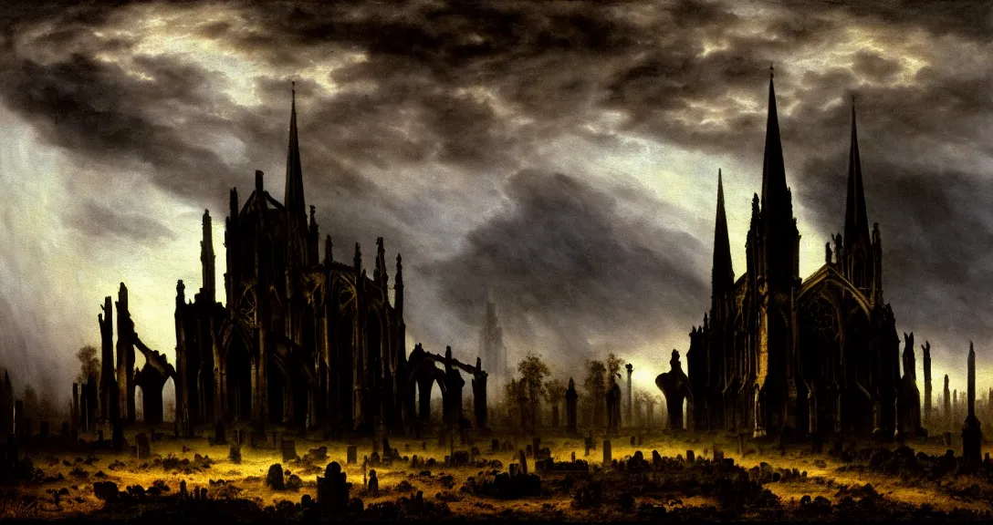 Prompt: a painting of an abandoned gothic cathedral in the middle of a graveyard by caspar david friedrich, dark, horror, volumetric lighting, ash falling, dusk, storm clouds in the distance