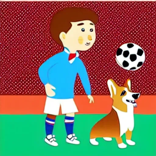 Image similar to illustration of french boy playing football with a corgi wearing a polka dot scarf in paris