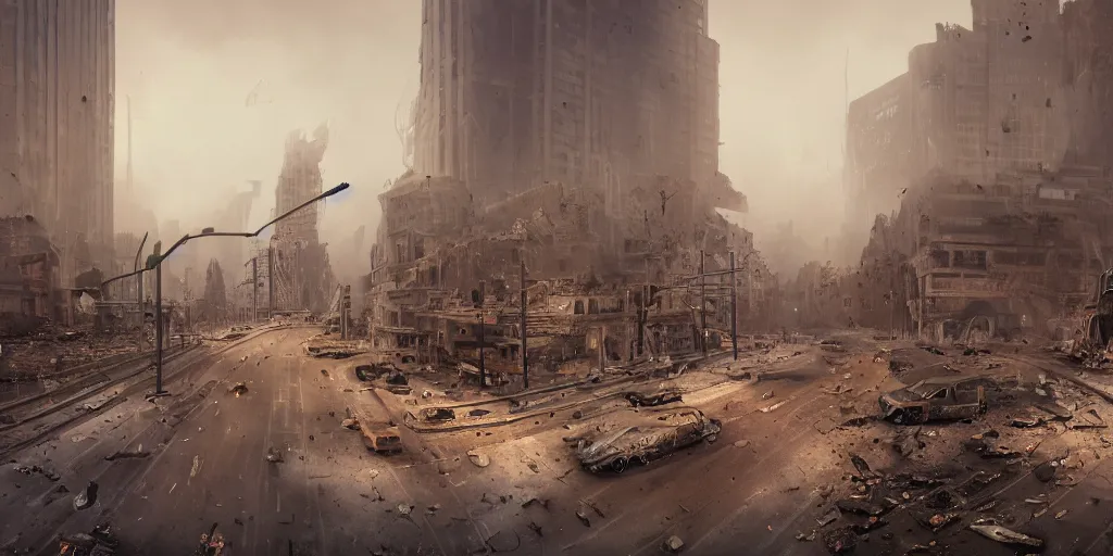 Prompt: a photo of a city after a apocalyptic war, fire from some windows, ethereal light, 15mm lens, peolple run on the street, cars crashed, tanks crashed, a spherical spaceship in the sky, traffic light on, dust storm, train station explosion, futuristic cathedral in the center of the road, photorealistic, octane render, 4k, specular light, shallow depth of field, concept art, artstation, highly detailed, art by john salminen, ivan shishkin, kim keever, pierre pellegrini, sorayama, ash thorp