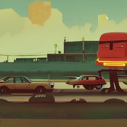 Image similar to car chase in the style of simon stalenhag