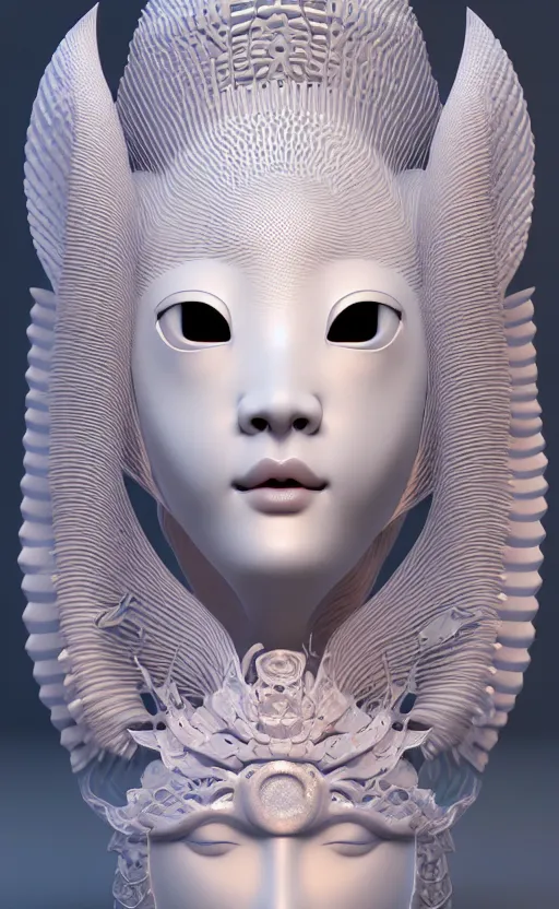 Prompt: 3 d goddess close - up profile portrait. beautiful intricate highly detailed korean gumiho mask and traditional hanbok. stingray, magpie, bio luminescent, plasma, ice, water, wind, creature, artwork by tooth wu and wlop and beeple and greg rutkowski, octane 3 d render