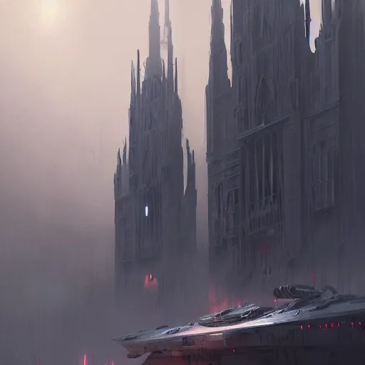 Prompt: star wars concept art by greg rutkowski, a palatial metropolis, elegant, neo - gothic architecture, dark, reddish cinematic lighting, haunting atmosphere, artstation hq.