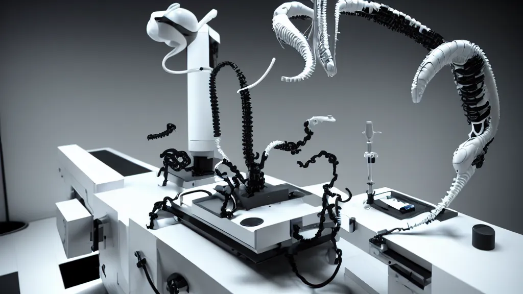 Prompt: a complex bifurcated robotic cnc surgical arm hybrid mri 3 d printer machine making swirling black and white ceramic mandlebulb mutant forms in the laboratory inspection room, film still from the movie directed by denis villeneuve with art direction by salvador dali, wide lens, f 3 2, cinematic lighting, studio quality, smooth render, unreal engine 5 rendered, octane rendered