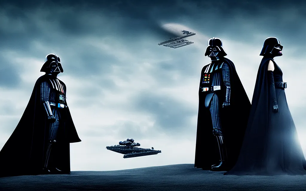 Image similar to darth vader and kristen stewart staying close together in front of, on the background star destroyer, romantic poster for the twillight movie