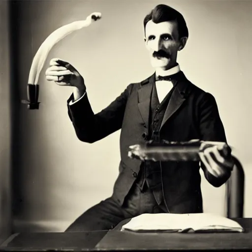 Prompt: Nikola Tesla trying to make electricity with a banana, ultra realistic, studio lighting