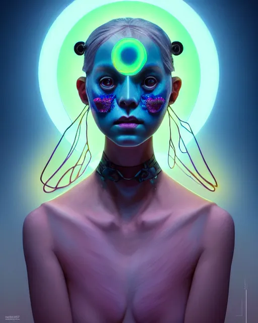 Image similar to an asymmetrical portrait of a bioluminescent patchwork doll, highly detailed, digital painting, cinematic, hyperrealism, dark retrowave, art by stanley lau and artgerm and magali villeneuve and alphonse mucha, artstation, octane render, cgsociety, james jean, victo ngai, david rubin, mike mignola