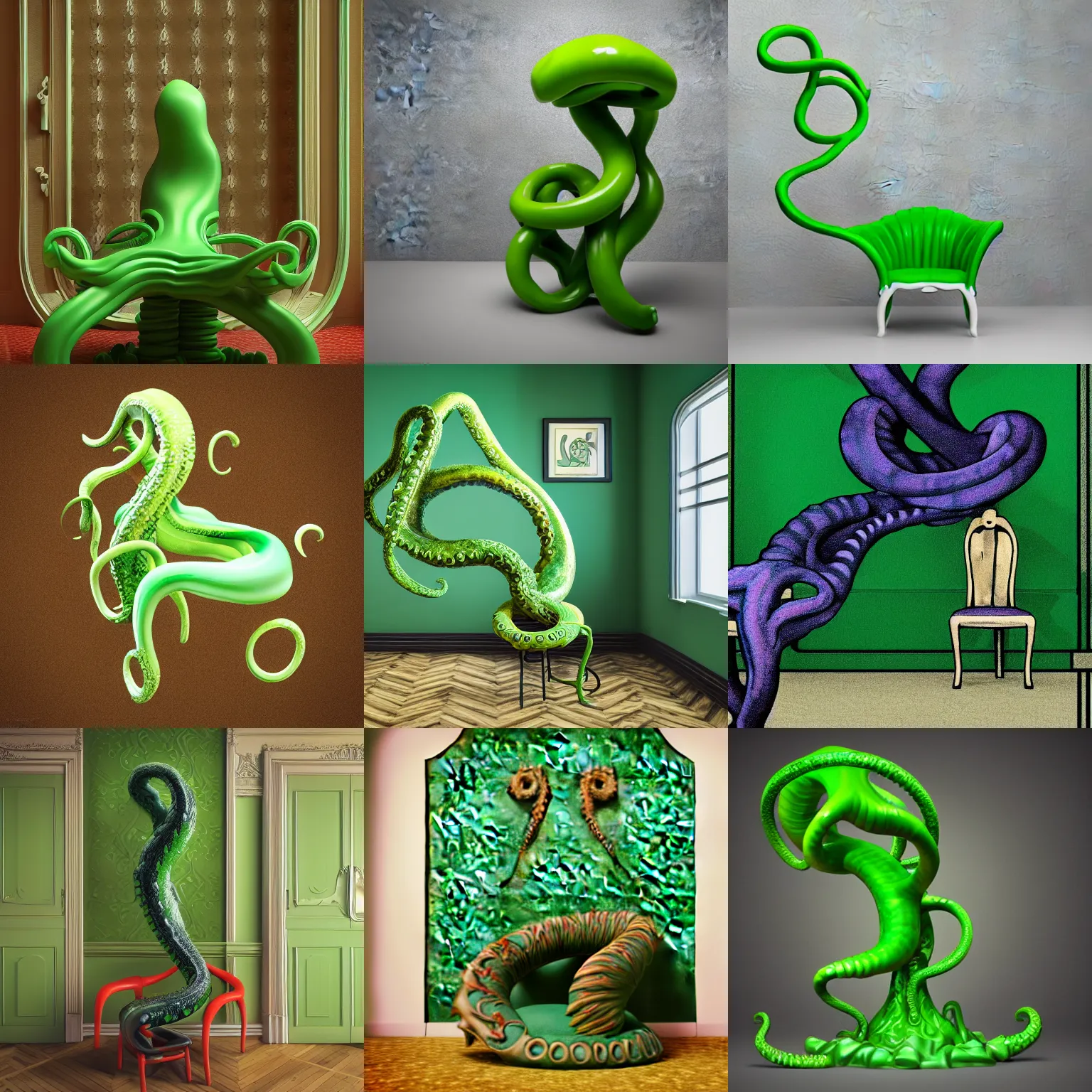 Prompt: a tentacle entering in a room with a child chair, the room is art nouveau, the tentacle is green with a lot of teeth, 3d render, hyper realistic