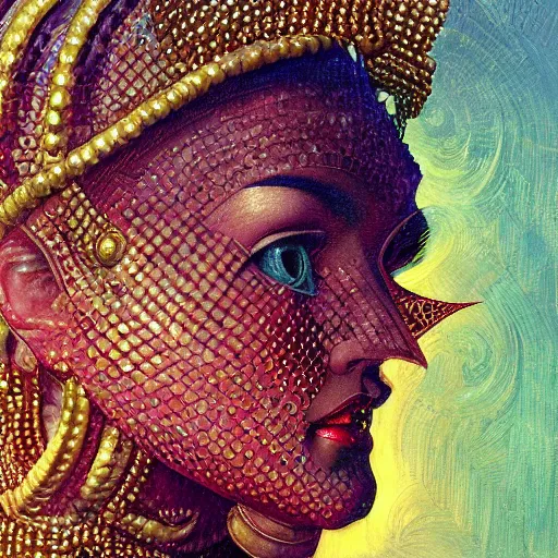 Image similar to close - up renaissance portrait of a primitive art deco android priestess, reflective detailed textures, highly detailed fantasy science fiction painting by moebius, norman rockwell and william holman hunt and syd mead. elaborate geometric ornament, rich colors, high contrast. artstation