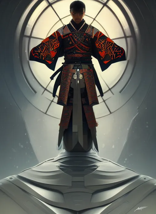 Image similar to symmetry!! portrait of futuristic samurai, sci - fi, tech wear, intricate, elegant, highly detailed, digital painting, artstation, cinematic lighting, concept art, smooth, sharp focus, illustration, art by artgerm and greg rutkowski and alphonse mucha, 8 k