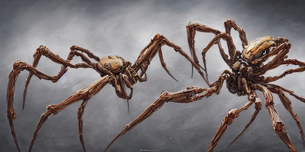 Image similar to A beautiful painting of a biomechanical spider by Peter Gric, ConceptArtWorld, DeviantArt, Fotografie, Nvidia, Trending on artstation, Unreal Engine