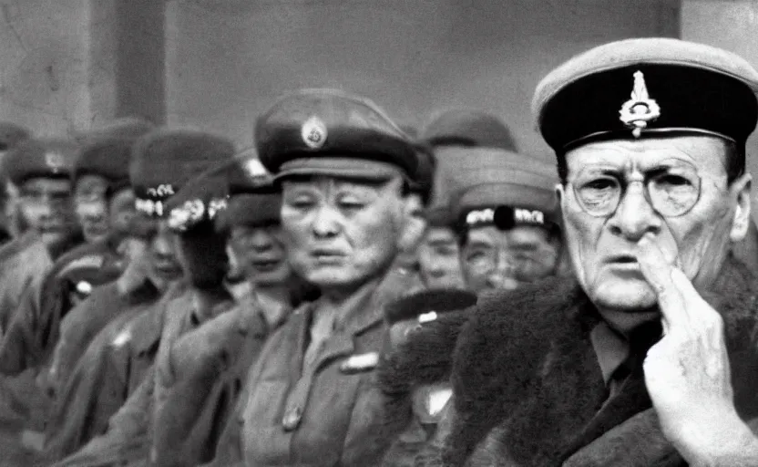 Prompt: 60s movie still of Josip Broz Tito with his general's cap delivering a speech in front of old chinese soldiers, by Irving Penn , kodakchrome, heavy grainy picture, very detailed, high quality, 4k, HD criterion, precise texture