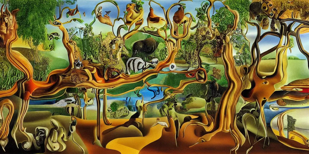 Image similar to Painting of a forest with rivers and animals in the style of Salvador Dali, highly detailed