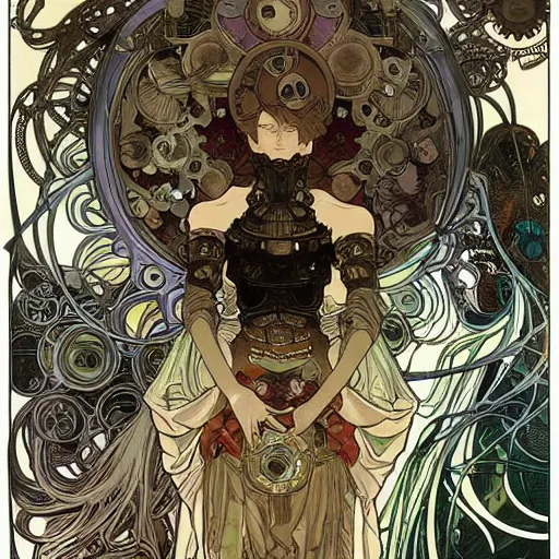 Image similar to alphonse mucha yoji shinkawa moebius jean girard shintaro kago junji ito esoteric hypnogogic ethereal ethereality dreamy combat mech dieselpunk incredible intricate machinery illusionary art and trash polka