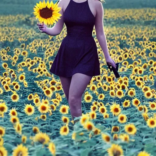 Image similar to Jennifer Lawrence in a field of sunflower holding a magic staff