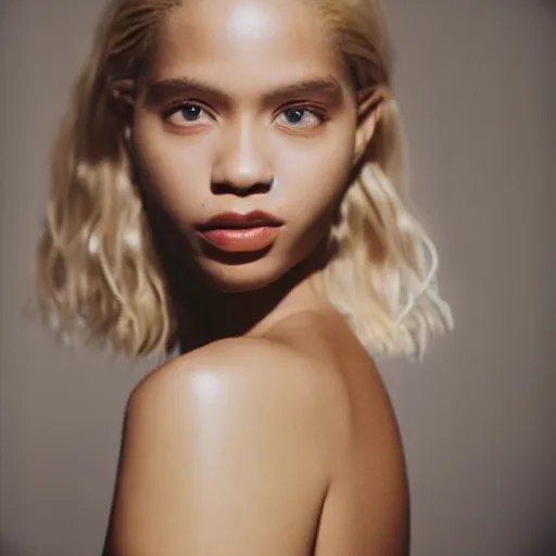 Prompt: realistic! photoshoot for a new chanel lookbook, color film photography, portrait of a beautiful blonde woman, in style of tyler mitchell, 35mm