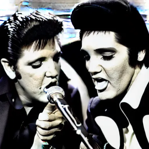 Image similar to elvis presley and snoop dog singing a duet behind a microphone stand, in las vegas, detailed, beautiful, photo, f 1. 8, album cover, photorealistic