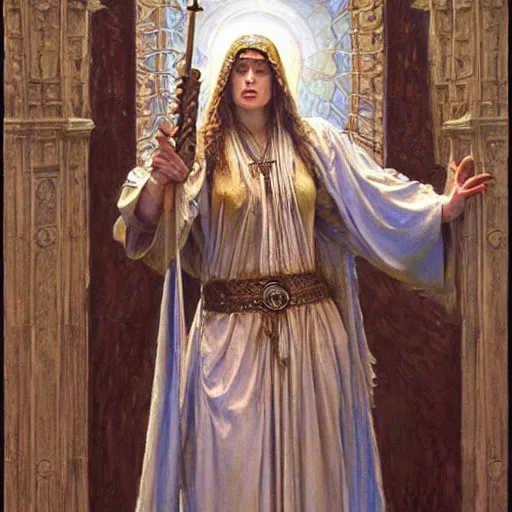 Prompt: priestess holding a sword, by donato giancola and berthold woltze.