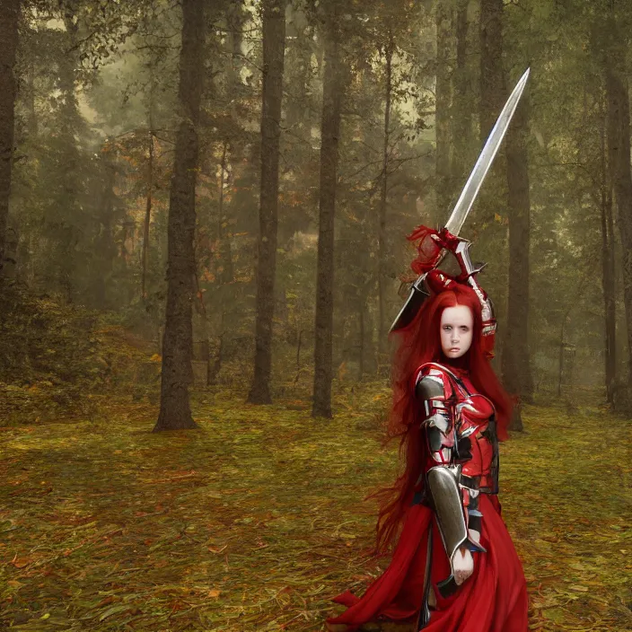 Image similar to a girl with long red hair wearing a red plate armor and holding a big red sword in a forest, 3d render, octane render, unreal engine 5, 8k hdr, hyperrealistic, highly detailed, high quality, concept art, trending on Artstation, full-body armor