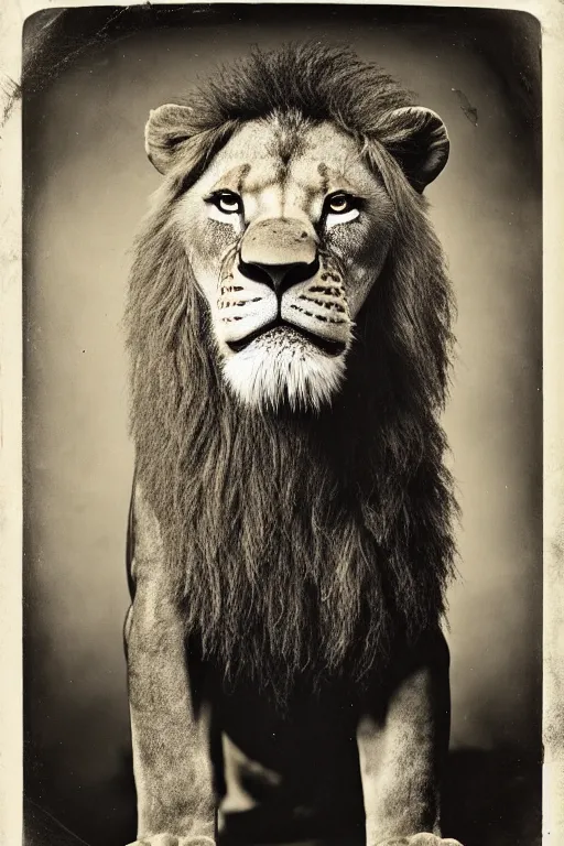 Image similar to a wet plate photo of an anthropomorphic mean looking lion king