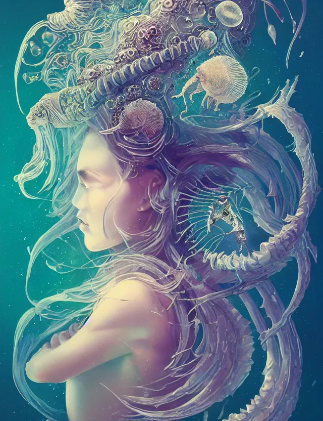 Image similar to goddess macro vintage shouler portrait from bottom to top in crown made of ram skull. betta fish, jellyfish phoenix, plasma, ice, water, wind, creature, super intricate ornaments artwork by tooth wu and wlop and beeple and greg rutkowski and alexander fedosav