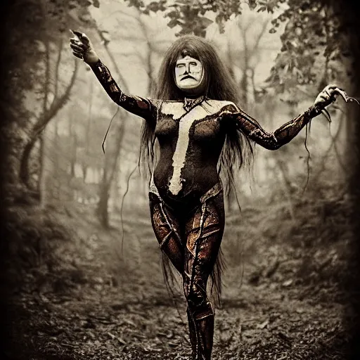 Image similar to 1860 photo of an old freak show spider-woman, on the middle of a forest, spooky , veins, arteries, intricate, golden ratio, full frame, elegant, highly detailed, ornate, ornament, sculpture, elegant , luxury, beautifully lit, ray trace, 3d, PBR