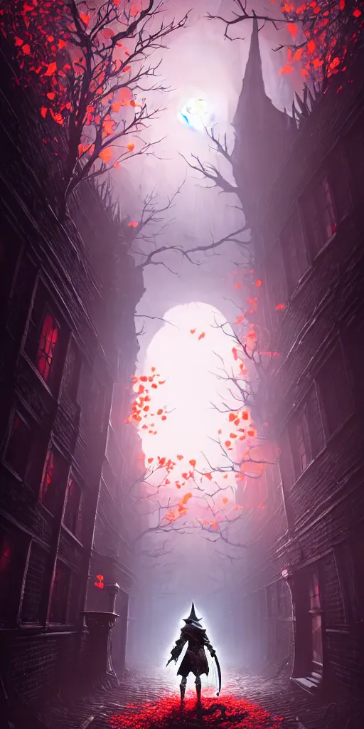 Image similar to abandoned bloodborne old alley with a kid at the centre, trees and stars background, falling petals, epic red - orange sunlight, perfect lightning, illustration by niko delort,
