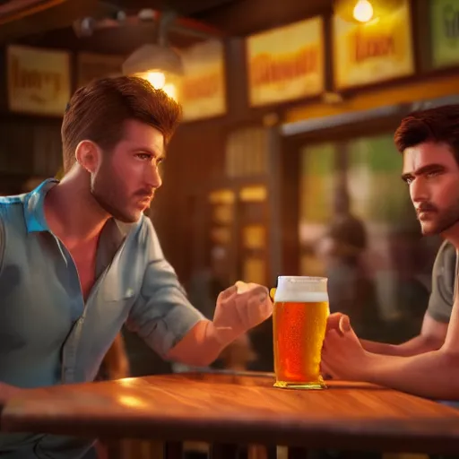 Prompt: cinematic scene with attractive male and another attractive male, shorts, drinking their hearts out, in the pub, high definition, very detailed, volumetric lighting, still frame