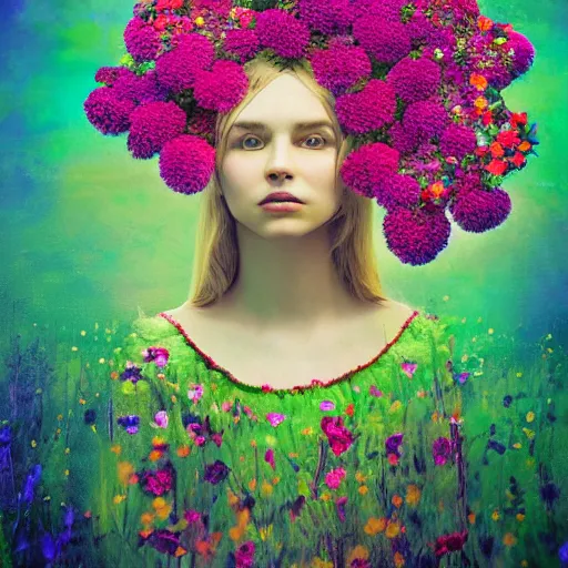 Prompt: surreal flowerheaded girl, flowerfield