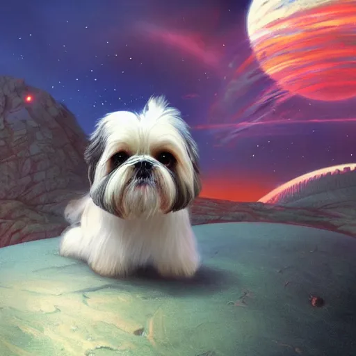 Image similar to Shih Tzu on an alien planet, digital painting, artstation, concept art, donato giancola, Joseph Christian Leyendecker, WLOP, Boris Vallejo, Breathtaking, 8k resolution, extremely detailed, beautiful, establishing shot, artistic, hyperrealistic, beautiful face, octane render, cinematic lighting, dramatic lighting, masterpiece