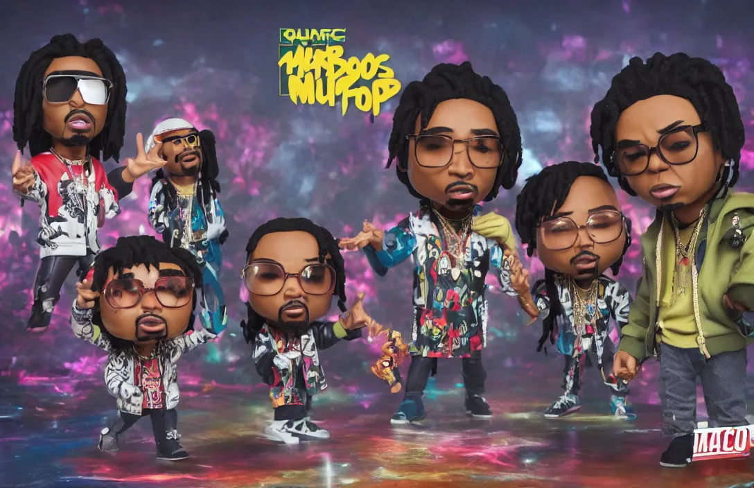 Image similar to funko pop of rap group migos members quavo, offset and takeoff, product shot, macro, hyper realistic, octane render, unreal engine, 4 k, 8 k