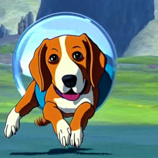 Prompt: realistic exterior shot from howls moving castle ( 2 0 0 4 ) of a beagle dog running happy on a valley. bubble. cartoon depth of field.