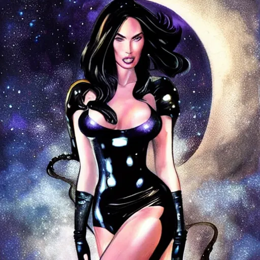 Prompt: portrait of megan fox as zartanna, wearing a tight black latex dress with galaxy lights and stars, sultry muscular body, fantasy, intricate, elegant, highly detailed, digital painting, artstation, concept art, matte, sharp focus, perfect face symmetry, illustration, art by aenaluck and roberto ferri and greg rutkowski, epic fantasy, digital painting