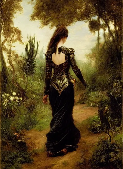 Image similar to woman in dark princess dragon armor, walking on the mystical garden, portrait. by william henry hunt