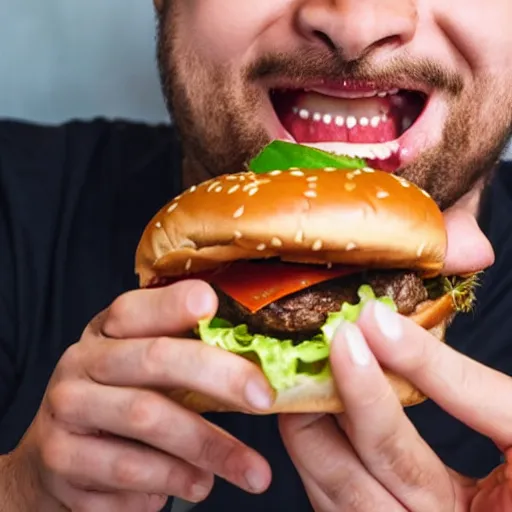 Image similar to man taking a big bite out of a juicy hamburger