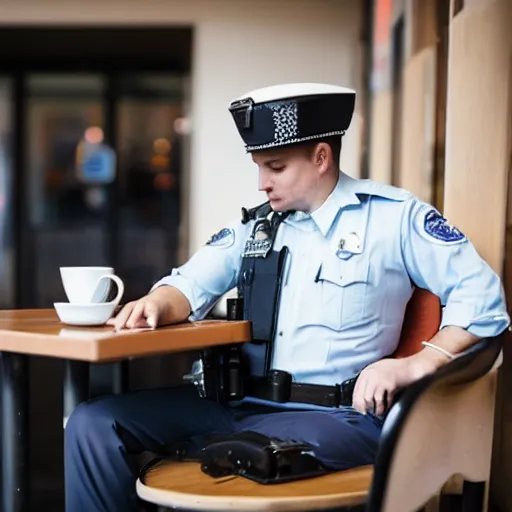 Image similar to a robotic police officer drinking tea in a coffee shop sitting down relaxed, professional photography