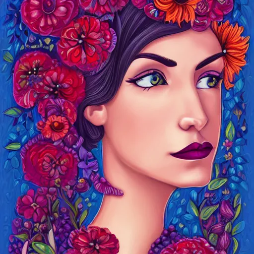 Prompt: portrait of beautiful woman by jeremiah ketner, digital, detailed, textured hair, flowers