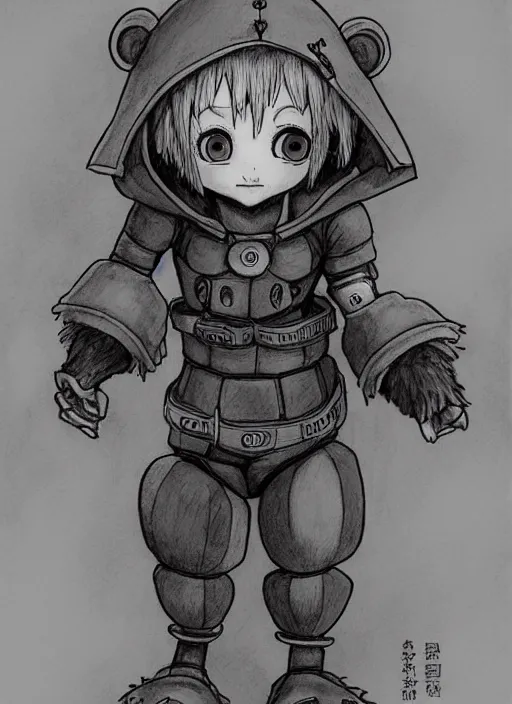 Image similar to beautiful little boy wearing an cyborg bear suit, artwork in kentaro miura and made in abyss and rosdraws, smooth, beautiful lightness, anatomically correct, trending on pixiv, forest