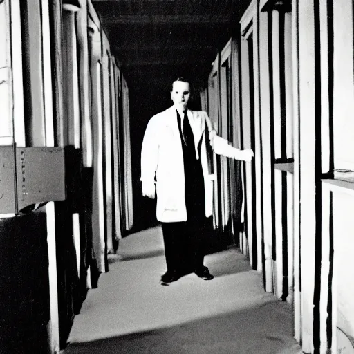 Image similar to a 1 9 5 0 s male scientist wearing a lab coat standing lost in the backrooms, mono - yellow old moist carpet room, empty liminal space, very dark shadows, broken fluorescent lighting, horror movie scene, film grain