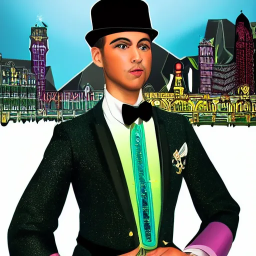 Image similar to A very handsome jewelpunk young man. A Jewelpunk society would be one of gleaming perfection, where every surface is adorned with sparkling gems and jewelry. The skies would be a rainbow of colors, as light reflecting off of the endless gems creates a spectrum of hues. The people would be impeccably dressed, with each outfit adorned with jewels that match their personality and status. Even the weapons and other tools would be made out of precious metals and gems, adding to the overall air of opulence. Men are objectified as much as women.