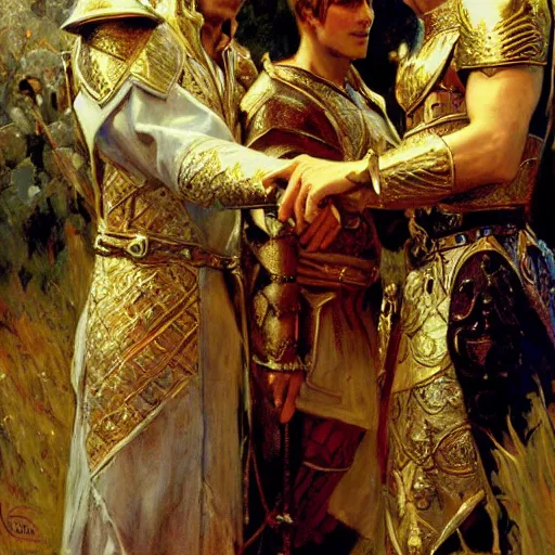 Image similar to attractive gay knights in camelot. highly detailed painting by gaston bussiere, craig mullins, j. c. leyendecker