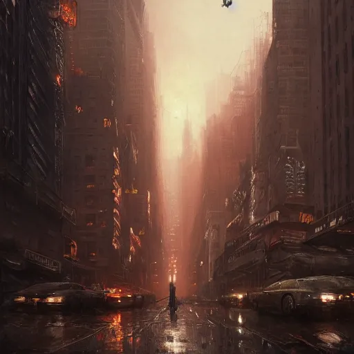 Image similar to new york city in a post apocalyptic earth as seen by greg rutkowski, dark theme, enchanted, warm colors, high quality, waw, trending on artstation