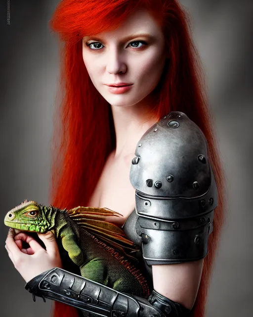 Image similar to 5 5 mm portrait photo of an armored redhead woman with goat horns and a an iguana sitting on her shoulder by luis royo. highly detailed 8 k. intricate. lifelike. soft light. nikon d 8 5 0. cinematic post - processing