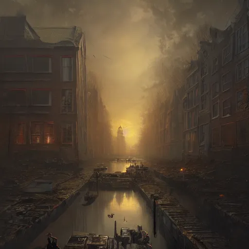 Image similar to amsterdam in a post apocalyptic earth as seen by greg rutkowski, dark theme, enchanted, warm colors, high quality, waw, trending on artstation