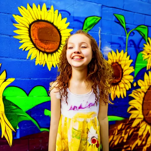 Prompt: Portrait, Graffiti of a Ukrainian girl Smiling at the camera, Beautiful pretty young, flowers in her dark hair, Scene: Sunflower field, Colors: Yellow sunflowers, blue cloudy sky, In a style of Graffiti tag