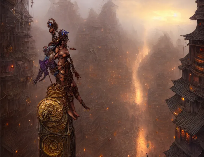 Image similar to you and a tana'ri warrior standing together on the balcony of the planescape city named sigil, crowded street below, beautiful digital painting in the style of wlop, volumetric lightning, intricate details, ultra realistic, by art germ, by gerald brom, fantasypunk, deep colors, amazing d & d art, trending cgsociety, artstation, sharp