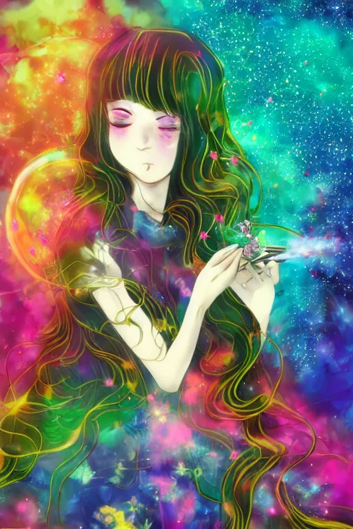 Prompt: psychedelic, whimsical, anime, 4k, beautiful intimate woman blowing smoke, with professional makeup, long trippy hair, a crystal and flower dress, sitting in a reflective pool, surrounded by gems, underneath the stars, rainbow fireflies, trending on patreon, deviantart, twitter, artstation, volumetric lighting, heavy contrast, art style of Ross Tran and Miho Hirano anc Ilya Kuvshinov