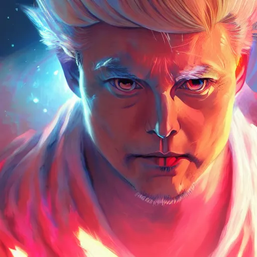 Image similar to anime portrait of Elon Musk as a shaman yedi using dark force to eliminate trump as an anime antagonist by Stanley Artgerm Lau, WLOP, Rossdraws, James Jean, Andrei Riabovitchev, Marc Simonetti, and Sakimichan, trending on artstation