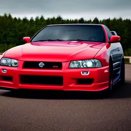 Prompt: nissan skyline r34 with Canadian flag reflection, photography, realistic