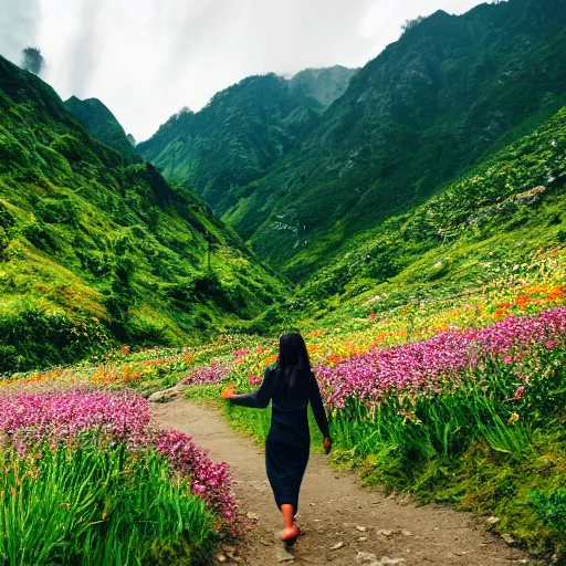 Image similar to girl walking thru the valley of flowers near the sea of dreams